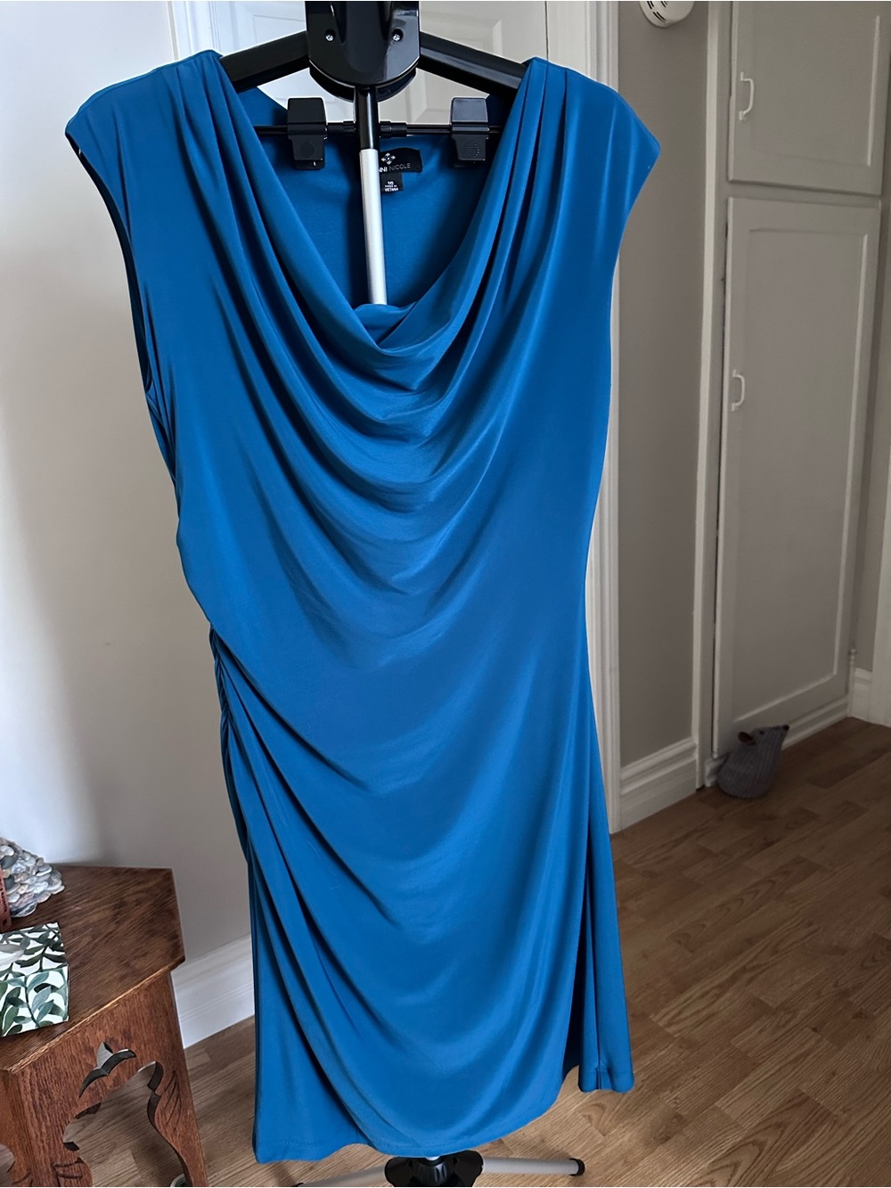 Ronni Nicole Teal Blue Draped Cowl Neck Midi Dress